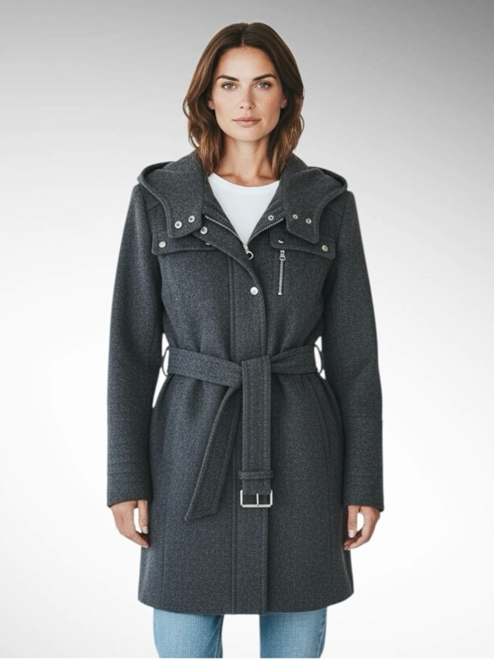 Laundry by Design Gray Wool-Blend Peacoat-Style Hooded Coat